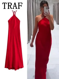 Casual Dresses TRAF 2024 Halter Long For Women Backless Satin Dress Woman Off Shoulder Sexy Midi Elegant Evening Party