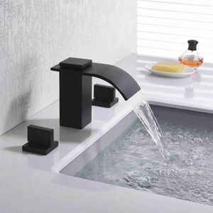 Badezimmer-Waschtischarmaturen, weit verbreiteter Wasserfall-Wasserhahn, 3 Löcher, 2 Griffe, Waschtisch, Mattschwarz/Chrom/gebürstetes Nickel