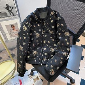 Casacos de Trench das Mulheres Fluffy Mulheres Preto Casaco de Algodão Vintage Jacquard Floral Impressão Beisebol Acolchoado Jaquetas Outono Inverno Suave Quente Casual