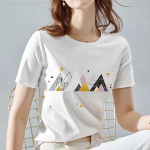 Camiseta feminina feminina verão moda all-match branco impresso camiseta estética padrão geométrico série o-pescoço senhoras curto sle top l24312