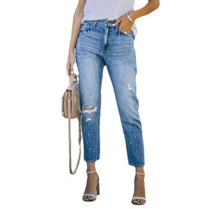 2022 neue perforierte Farbe, die hohe elastische Frauen Jeans mit kleinen Füßen, super heiße Jeans werfen
