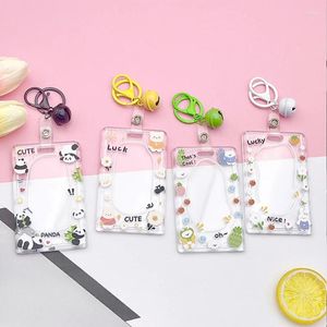 Card Holders Kawaii Plastic Cartoon Cards Protecting Cover Clear Pig Bear Frog With Long Rope Key Chain Student Bus Holder