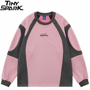 Men Suede Sweatshirt Streetwear Retro Patchwork Graphic Harajuku Pullover Sweat Shirt Pullover HipHop Street Wear Pink Y2K 240229