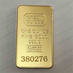 10 Stück nicht magnetische CREDITSUISSEIngot 1 Unze vergoldeter Goldbarren Schweizer Souvenirmünze Geschenk 50 x 28 mm mit verschiedenen Serienlasern 277j