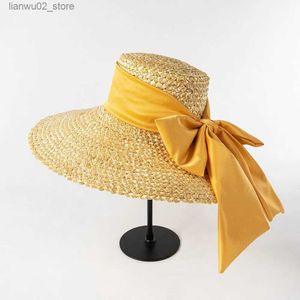 Wide Brim Hats Bucket Hats High-quality hand-knitted petal Wheat Straw flat top large eaves basin hat womens fashion big bow beach sun shade straw hat Q240312