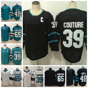 Niestandardowe koszulki hokejowe kobiety młode San Jose''Sharks''mens hokejowe koszulki 39 Logan Couture 48 Tomas Hertl 65 Erik Karlsson Teal Black Szygowane koszulki S-XXXL C Patch Patch