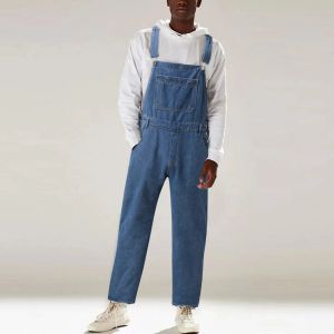 Men's Cargo Jumpsuit Jeans Straight Waist Button Washed Casual Men Solid Adjustable Straps Men's Jeans Workwear Overalls