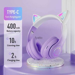 Fones de ouvido de telefone celular Cat Ear Headphone Bluetooth Wireless Music Headset Gradient Color LED Light com Gamer Fone de ouvido Kids Lovely Christmas GiftsH240312