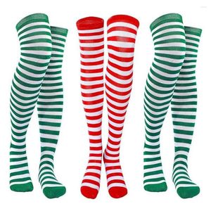 Women Socks Christmas Stockings 3 Pairs Green White Striped With High Elasticity For Holiday Stage Performance Party