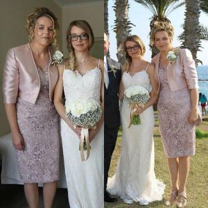 2024 Długość kolanowa Sukienka Mother of the Bride z kurtką elegancką koronkową ślubną sukienkę gościnną v decip tank pana młode suknie matki