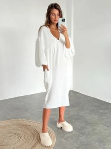 Hiloc Mid-Calf Cotton Liegown Vresses Lantern Sleeve Dress Women Women Nightwear Solid V-Deac Nightdress Winter 240227