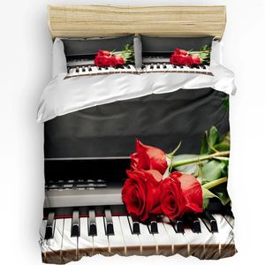 Bettwäsche-Sets, Klaviermusik, rote Rose, Blumen-Set, 3-teilig, Bettbezug, Kissenbezug, Kinder, Erwachsene, Steppdecke, Doppelbett, Heimtextilien