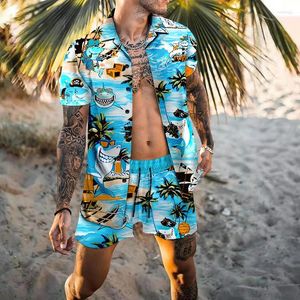 Мужские спортивные костюмы, комплект 2024, повседневная рубашка с воротником-поло с принтом и коротким рукавом, пляжные шорты, летняя уличная одежда, праздничная Гавайи, S-3XL