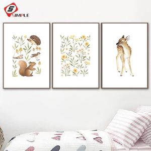 Obrazy Przedszkole Woodland Wall Art Squirrel Deer Canvas Malowanie plakatów kwiatowych i drukowania małych zwierząt z leśnych Zdjęcia dla Liv245L