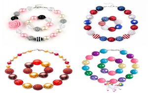 Baby Girls Necklace Sets 78 Design Girls Pendant Chunky Bead Necklace Bracelet American Flag Unicorn Diamond Toddler Party Jewelry3390355