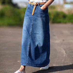 Skirts Spring Summer Denim Skirt Women Casual Elastic Waist A Line Long Ladies Solid Package Hip Blue