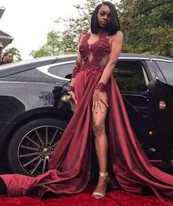 2019 Black Girls Long Sleeve Prom Dresses Burgundy Sexy Side Split A Line Lace Appliques 공식 저녁 행사 파티 드레스 CUS621534