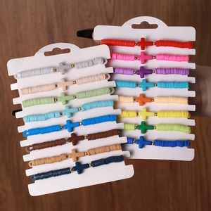 Conjunto de 8 peças de pulseiras cruzadas + cartão de argila macia, pulseira de amizade, surfista religioso, contas Heishi, fios elásticos empilháveis, verão, boho, praia, joias, homens, mulheres, presentes