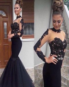 High Neck Dresses Sexy Tulle Mermaid Prom Party Dress Glamorous Appliques Long Sleeve Zipper Evening Wear9547274