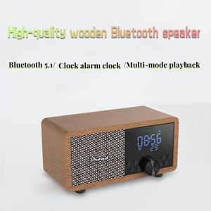 Portable Household Vibrating Bass Durable Bluetooth Speaker LED Display Alarm Clock Wood Retro FM Radio wooden loudspeaker