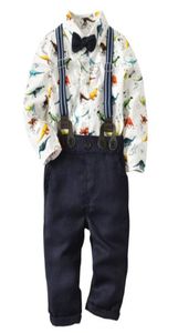幼児幼児の男の子服セット恐竜プリント長袖トップロンパーサスペンダーパンツ弓ネク