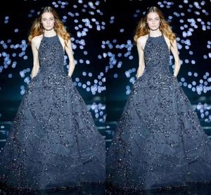 Elie Saab 2020 Темно-синие вечерние платья с бретелькой на шее и тюлем ALine, платья для выпускного вечера в полный рост, сексуальное вечернее платье знаменитостей Customi8200122