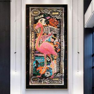 Graffiti-Flamingo auf goldenem Dollar, abstrakte Kunstdrucke, Geldbilder auf Leinwand, Wandgemälde für Wohnzimmer, Heimdekoration, Posters325Q