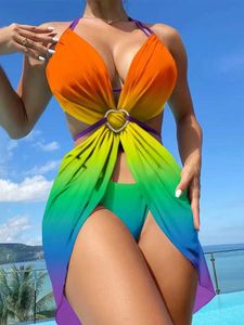 Badebekleidung Damen Badeanzug 3-teilig.Gestreiftes Neckholder-Bikini-Set mit Batikdruck und Badeanzug-Überzug, Wassersport 240311