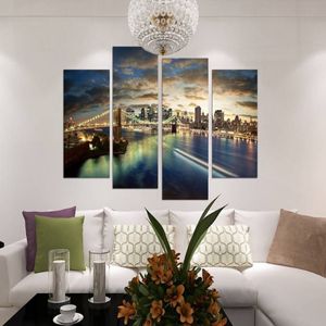 4 pezzi / set Ponte di Brooklyn Vista notturna Senza cornice Pittura a olio di arte della parete su tela Dipinti di paesaggi marini Picture Decor Living Room315D