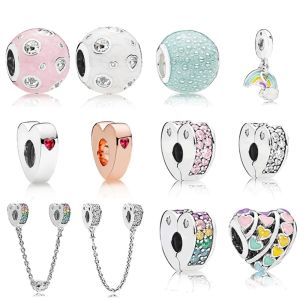 Beads NEW 100% 925 Sterling Silver New HeartShaped Zircon Colorful Safety Clip Security Chain Bubble Beaded DIY Bracelet Gift