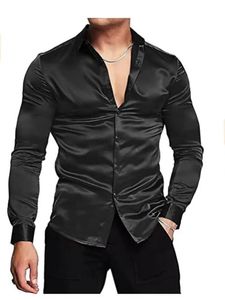 Mens Luxurious Shiny Silk Satin Dress Shirt Långärmad Casual Slim Muscle Button-Down Shirt Plus Size S-3XL 240304