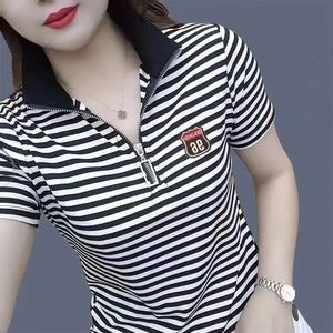 Summer Womens Pullover randig kortärmad t-shirt Stand Up Neck Zip Polo Collar Contrast Casual Fashion Polo Shirt Topps 240305