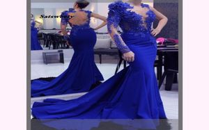 En axel sjöjungfru aftonklänningar långärmad spetspärlor rygglösa kungblå formell klänning party prom klänning mantel de soiree8442585