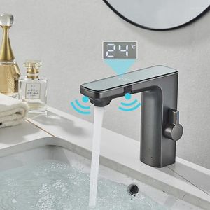 Badezimmer-Waschtischarmaturen, luxuriös, silbergrau, intelligenter LCD-Sensor, Waschbecken-Wasserhahn, Zinklegierung, Deckmontage, Kaltwassermischer, Wannenhahn