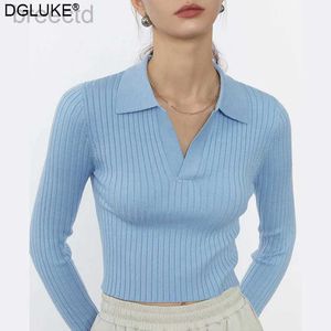 Men's Polos Ribbed Knitted Polo Shirts V-Neck Sleeve Crop Spring Casual T-Shirt Sweater Blue White Black ldd240312