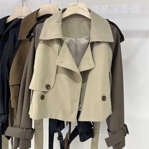 Moda curto blusão feminino lapela couro emendado mangas cinto contraste cor trench coat vintage outono outerwear 240228