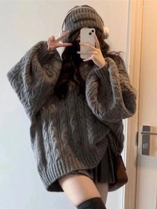 Suéteres femininos Deeptown Vintage Cinza Oversized Sweater Mulheres Harajuku Hippie V-Pescoço De Malha Jumper Coreano Moda Inverno Grosso Y2K Tops
