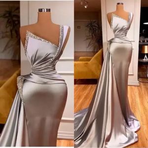 Silver Evening Dresses with Crystal Satin One Shoulder Mermaid Prom Dress Custom Made Ruffles Formal Robes 311