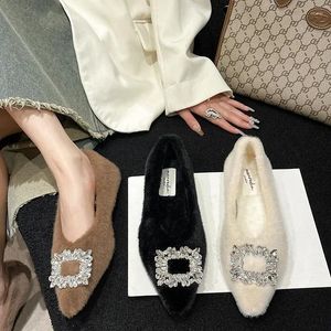 Fur Casual Cotton Autumn Women 190 Fashion Shoes Rhinestone Buckle Flats Winter Slip on Warm Loafers Ladies Pointed Toe Furry Mocasines Ry 861 Ry 415 5 ry 27870
