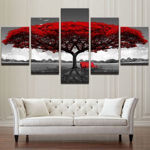 Lona modular hd imprime cartazes decoração de casa arte da parede fotos 5 peças arte da árvore vermelha cenário pinturas de paisagem sem moldura 265m