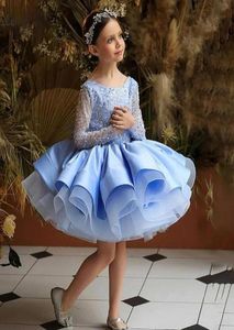 Girl039s Dresses Princess Tutu Blue Flower Girls Pageant Dress 2022 Långärmad paljett Kort en linje Satin Puffy Birthday Party 7991458