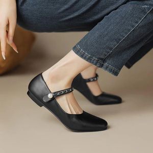 Sukienka buty Phoentin Black Mary Janes Flats Kobiety łańcuchowe paski klamry płytkie o niskim obcasie okrągłe palce eleganckie oryginalne skórzane pompki ft3053