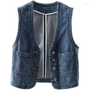 Women's Vests Harajuku Style Women Blue Denim Vest Coat Retro All-match Single Breasted Sleeveless Jacket Casual Loose Jeans With Pockets