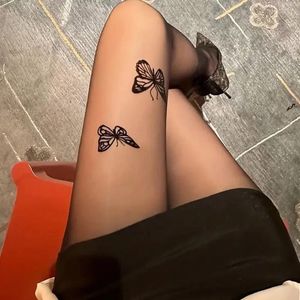 Skarpetki dla kobiet seksowne czarne rajstopy vintage Y2K Butterfly Print przezroczyste jedwabne rajstopy dziewczyny lolita letnie cienkie pończochy