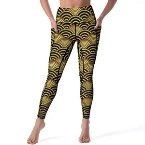 Leggings femininas ouro seigaiha yoga calças com bolsos japonês onda impressão sexy cintura alta casual esporte legging elástico impresso