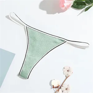 Women's Panties Thong Mid Waist Seamless Ribbed T-shaped Underpants Comfortable Cotton G-strings Solid Underwear Female Lingerie