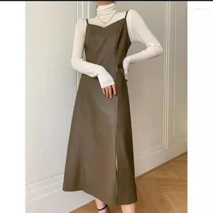 Casual Kleider Sling Leder Kleid Für Frauen Französisch Retro Split PU Lange Vestidos Frühling Herbst Vent Stil Solide