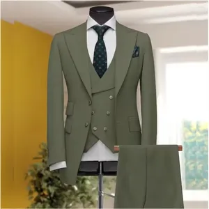 Herrdräkter gröna singelbröstade män 3 stycke jacka byxor Vest Business Peaked Lapel Full Set Elegant Bespoken Blazer Costume
