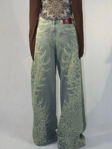 Americano lavado velho impresso perna larga jeans feminino oversized retro streetwear meninas solto casual cintura alta reta 240227
