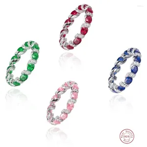 Anelli a grappolo Romantico cinturino in argento sterling 925 per le donne Quattro colori Rosso Blu Rosa Verde Anello con pietre preziose Regalo per ragazze